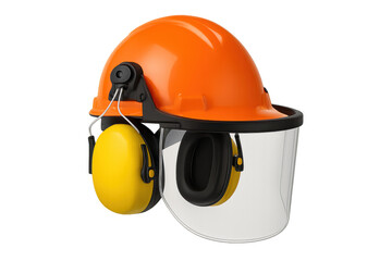 Orange hard hat featuring ear protection muffs and a clear face shield, essential ppe for head, hearing, and facial safety. Transparent background