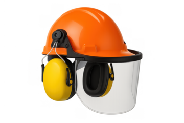 Orange hard hat featuring ear protection muffs and a clear face shield, essential ppe for head, hearing, and facial safety. Transparent background