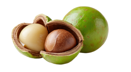 A green, spherical fruit with a nut inside, cracked open