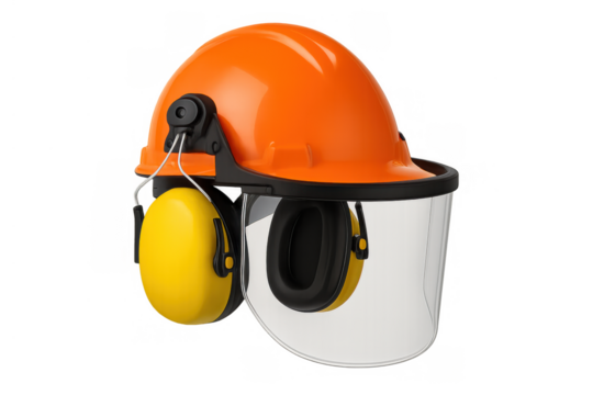 Orange hard hat featuring ear protection muffs and a clear face shield, essential ppe for head, hearing, and facial safety. Transparent background