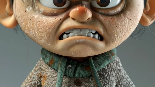 Close-up of a grumpy, angry cartoon character with a wrinkled face and clenched teeth, wearing a textured sweater.
