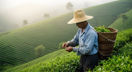 A farmer wearing a wide-brimmed hat and carrying a basket on their back works in a lush green tea plantation with rolling hills in the background during daytime
