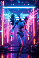 the generated image.  mechanical neon cyborg angel	