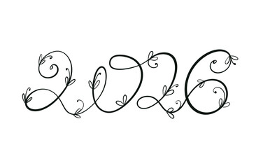 This artwork showcases the year 2026 in a decorative font, incorporating elegant swirls and small leaf designs, perfect for celebrations, invitations, or themed events.