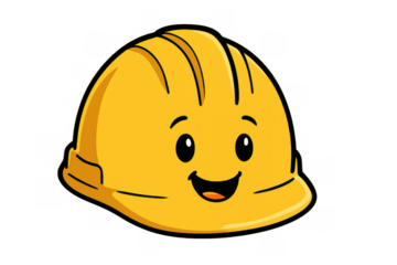 Yellow cartoon hard hat smiling, representing construction safety, work, happy labor, and industry protection
