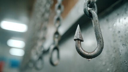 Close-up of a metallic hook with water droplets.