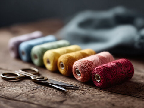 Detailed still life of colorful thread spools and scissors on wood. Represents crafting, creativity, hobbies, design, and artistic pursuits. Ideal for blogs, ads.