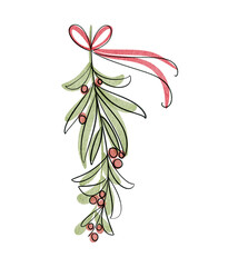 Mistletoe with vibrant green leaves and red berries, tied with a pink ribbon. It is a charming design perfect for holiday themes and decor.