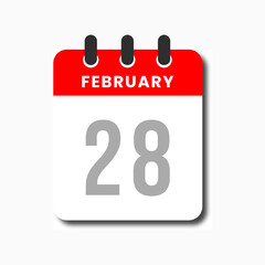 Clean flat vector of February 28 red calendar icon, ideal for planner design and time management tools.