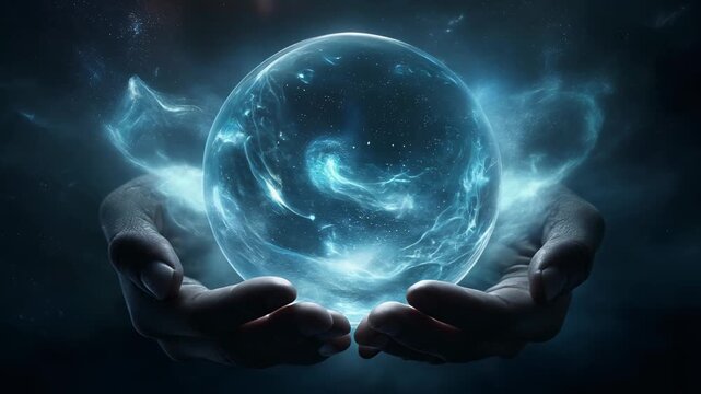 Mystical glowing orb held in hands, representing celestial beauty and cosmic wonders