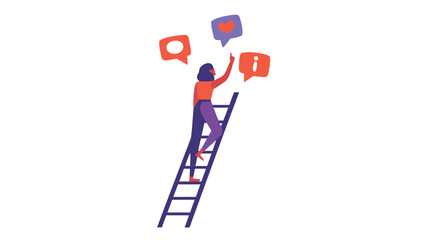 Illustration of a person standing on a ladder communicating an idea or message through a speech bubble suitable for advertising and promotional banners