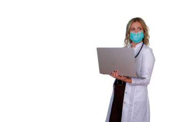 Female doctor or medical professional in a lab coat and face mask using a laptop, representing telehealth and online healthcare, transparent background