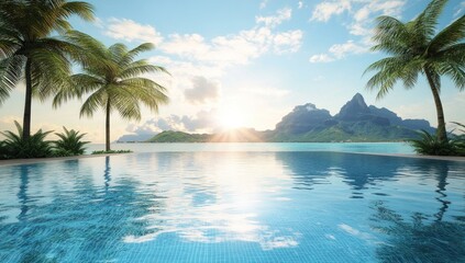 Tropical resort infinity pool with palm trees overlooking ocean and mountain landscape at sunrise