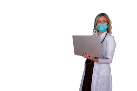 Female doctor or medical professional in a lab coat and face mask using a laptop, representing telehealth and online healthcare, transparent background - Powered by Adobe