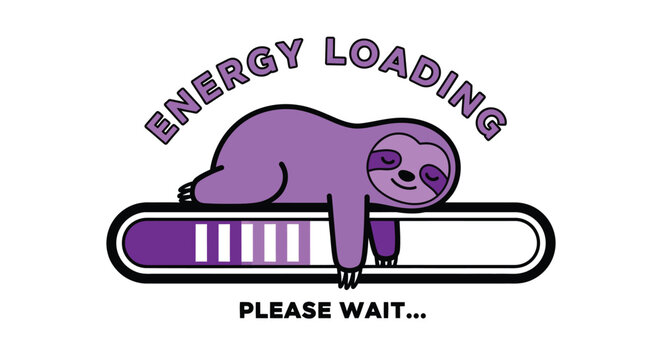 Cute sloth shows energy loading with please wait message