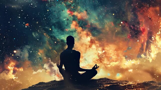 A person meditating in silhouette against a vibrant cosmic sky filled with nebulae and stars, evoking a sense of peace and universal connection.