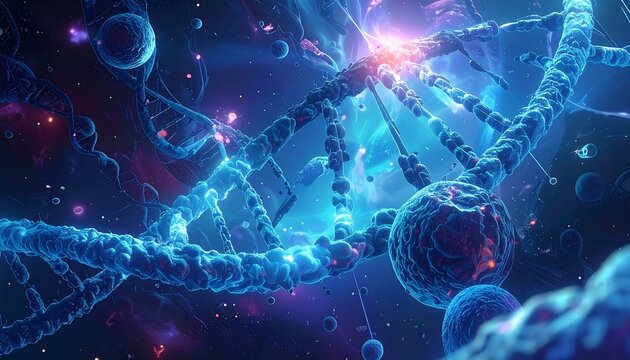 Artistic representation of DNA structure, rendered in vibrant hues against a cosmic backdrop with floating spheres