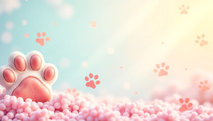 Cute bg with cats paw, pastel colors, scattered paw prints, soft gradient sky
