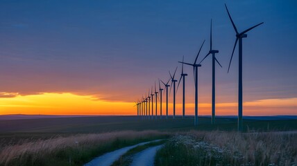 Renewable energy wind turbines silhouetted against a vibrant sunset sky with a winding path in a grassy field