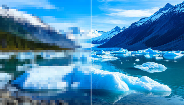 Glacial lake landscape showing a comparison of image resolution. With a pixelated low quality version on the left and a sharp high resolution version on the right enhance upscale increase ai app