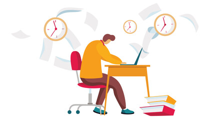 Frantic character typing at a cluttered desk overwhelmed by work deadlines and tasks illustrating stress and busy work environment