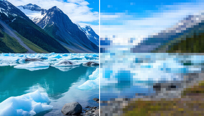 Clear and pixelated view of icebergs floating on turquoise lake water, digital image resolution, data quality, visual degradation concepts enhance upscale increase image resolution ai app