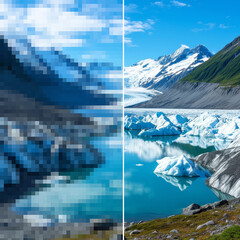 Split view comparison of glacial lake snowy mountains, one side sharp with floating icebergs, other blurred and pixelated to show high vs low resolution effects enhance upscale increase image ai app