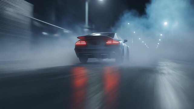 Dynamic night shot of a sleek sports car speeding through a foggy urban street