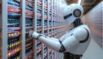 Data Guardian: A futuristic robot diligently maintains a server room. This image captures the intersection of artificial intelligence and digital infrastructure.