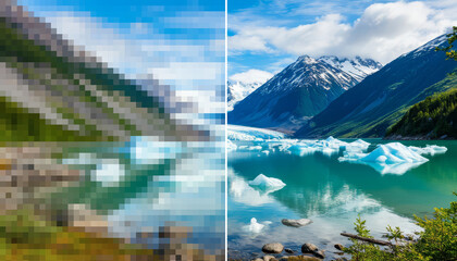 Digital image comparison displaying low resolution pixelated effect on the left side and high definition detailed scene on the right side enhance upscale increase image resolution ai app