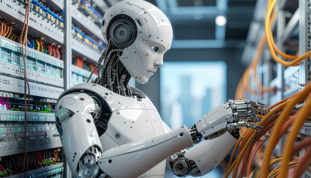 Digital Harmony: A humanoid robot diligently works with precision and focus, handling intricate wires in a modern server room, symbolizing technological advancement.