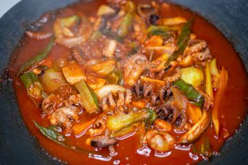Korean Spicy Stir-Fried Webfoot Octopus (Jjukkumi) Cooking in a Pan