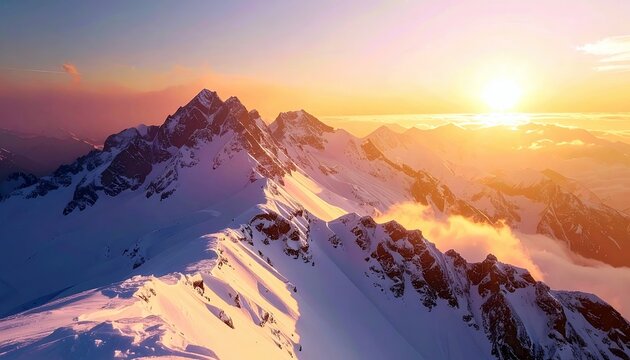 A breathtaking aerial view of jagged, snow-covered mountain peaks illuminated by the golden light of a sunset, with clouds drifting in the valleys below.