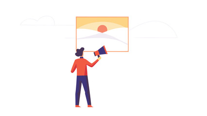 Confident person with megaphone painting a vibrant colorful design symbolizing announcement creativity and public speaking with artistic flair