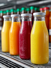 Four glass juice bottles with assorted fruit juices.