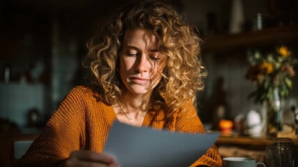 Young Caucasian woman with curly hair reading documents at a cozy kitchen table, warm sunlight illuminating her focused expression. - Powered by Adobe