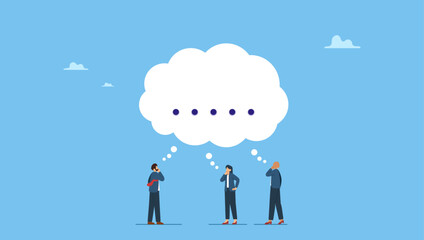 Thoughtful business people brainstorm with same thinking bubble. Thinking the same idea, colleagues brainstorming with identical thought, think together planning for business goal or success.
