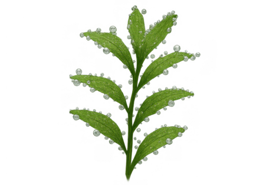 Green aquatic plant stem with leaves creating oxygen bubbles, underwater biology and ecology, transparent background