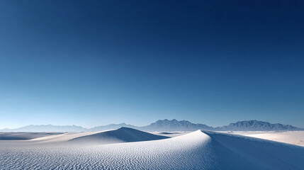 Serene landscape of white sand dunes under a clear blue sky, with distant mountains. Evokes calm, vastness, and adventure. Ideal for travel, nature, or inspirational themes.