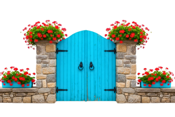 A vibrant blue wooden gate flanked by stone pillars, adorned with bright red geranium flowers in planters. 