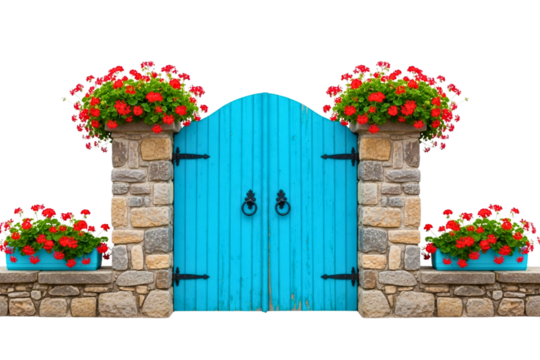 A vibrant blue wooden gate flanked by stone pillars, adorned with bright red geranium flowers in planters. 
