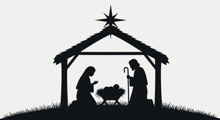 A serene silhouette depicts the sacred Nativity, illustrating Mary, Joseph, and baby Jesus in a humble stable under a guiding star.