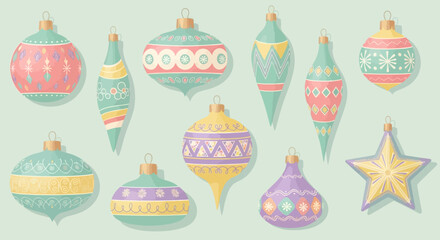 A delightful collection of pastel-colored Christmas ornaments with intricate patterns, perfect for holiday season designs and festive celebrations.