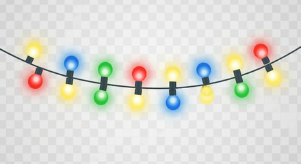 A vibrant string of glowing multi-colored electric Christmas lights creates a festive and celebratory atmosphere, perfect for holiday season designs and decorations.