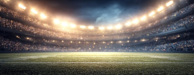 Stadium field illuminated by bright lights during a night game  