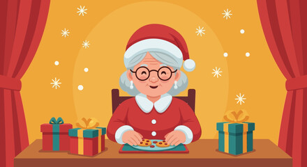 Mrs. Claus, in her festive red suit and Santa hat, joyfully savors delicious Christmas cookies at a table adorned with holiday gifts and winter snow.