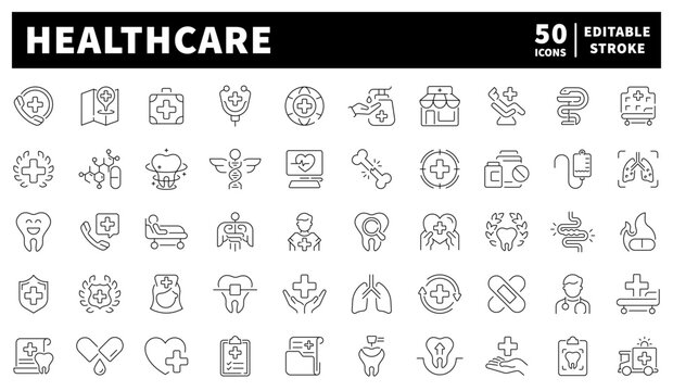 Healthcare icons set. editable line icons, outline medical and hospital symbols