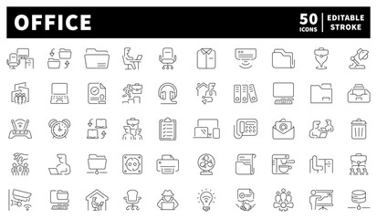 Office icons set. editable line icons, outline, business and workplace symbols