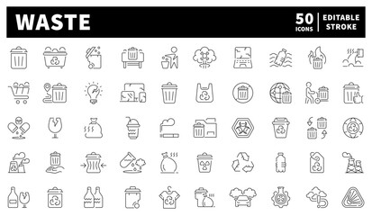 Waste management icons set. editable line icons, recycling, and eco symbols