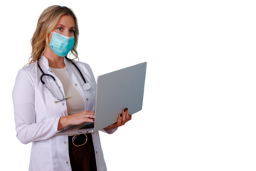Medical professional standing, working on a computer notebook, providing virtual advice during the covid-19 pandemic. Transparent background